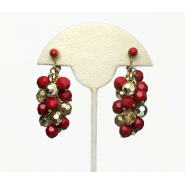 Vintage Red and Gold Bead Cluster Dangle Clip on Earrings Christmas Jewelry