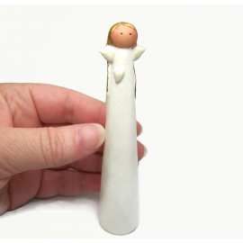 Vintage Tiny Angel 4 1/4 inch Tall Thin Angel Figurine White Resin Angel with Tiny Wings and Heart Blond Hair Christmas Decor Knick Knack Tiny Angel Figurine with Tiny Wings and Heart 4.25 inch tall Christmas Decor