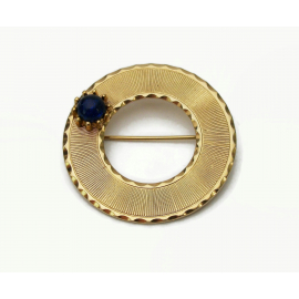 Vintage Signed Beaujewels Gold Circle Brooch Pin Lapel Pin with Blue Glass Stone