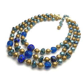 Vintage Blue and Bronze Beaded Choker Necklace Triple Strand Made in Japan 1950s
