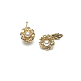 Vintage Dainty Gold Pearl Clip on Earrings Small Openwork Floral Minimalist