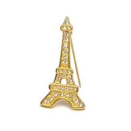Vintage Eiffel Tower Brooch Lapel Pin Gold with Clear Rhinestones Paris France
