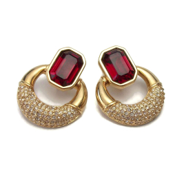 Vintage Swarovski Ruby Garnet Red Clip on Earrings Doorknocker Pave Crystal Gold