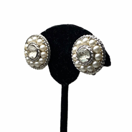Vintage Sarah Coventry Silver Pearl Clip on Earrings with Clear Rhinestones