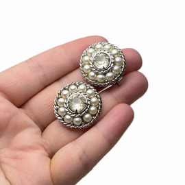 Vintage Sarah Coventry Silver Pearl Clip on Earrings with Prong Set Rhinestones
