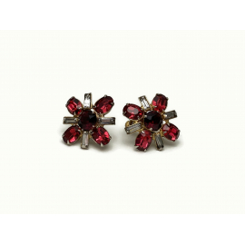 Vintage Garnet and Ruby Red Crystals and Clear Baguettes Screw Back Earrings