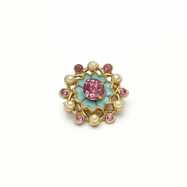 Antique Coro Brooch Small 7/8" Pink and Blue with Tiny Faux Pearls Pink Crystal and Turquoise Enamel 1919 Signature Antique Coro Brooch Small 7/8" Pink and Blue with Tiny Faux Pearls Pink Crystals