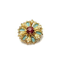 Antique Coro Brooch Pin Small Turquoise Enamel with Tiny Pearls Pink Rhinestone