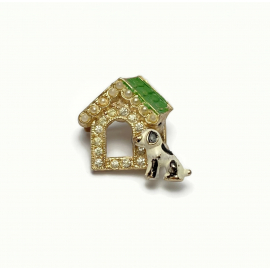 Vintage Tiny Dog and Doghouse Pin Brooch with Rhinestones Enamel and Faux Pearls