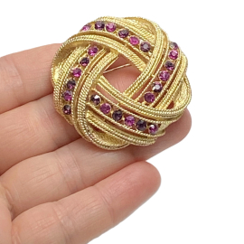 Vintage Textured Gold Knot Brooch Lapel Pin with Amethyst Purple and Pink Stones