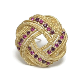 Vintage Textured Gold Knot Brooch Lapel Pin with Purple and Pink Crystals