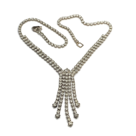 Vintage Pave Rhinestone Necklace Silver Wedding Formal Y Necklace Tassel Fringe