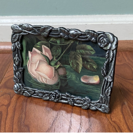 Vintage Pewter Floral Picture Frame Easel Back Tabletop 3.5" x 5" Rose Motif