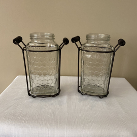 Clear Honeycomb Glass Jars Bottles in Metal Holders Stands Flower Vases