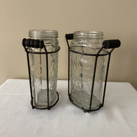 Retro Clear Honeycomb Glass Jars Bottles in Metal Holders Stands Flower Vases