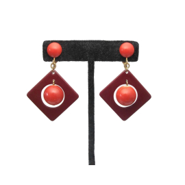 Vintage Orange and Brown Dangle Clip on Earrings Geometric Drop Earrings