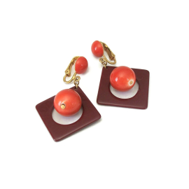 Vintage Orange and Brown Dangle Clip on Earrings Geometric Square and Ball