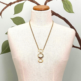Vintage 1970s Drop Pendant Necklace Long Three Oval Rings 24" Double Gold Chain