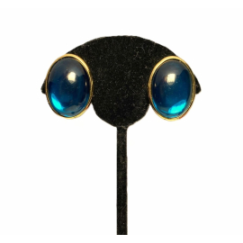 Vintage Trifari Teal Glass Clip on Earrings Gold with Oval Teal Blue Cabochons