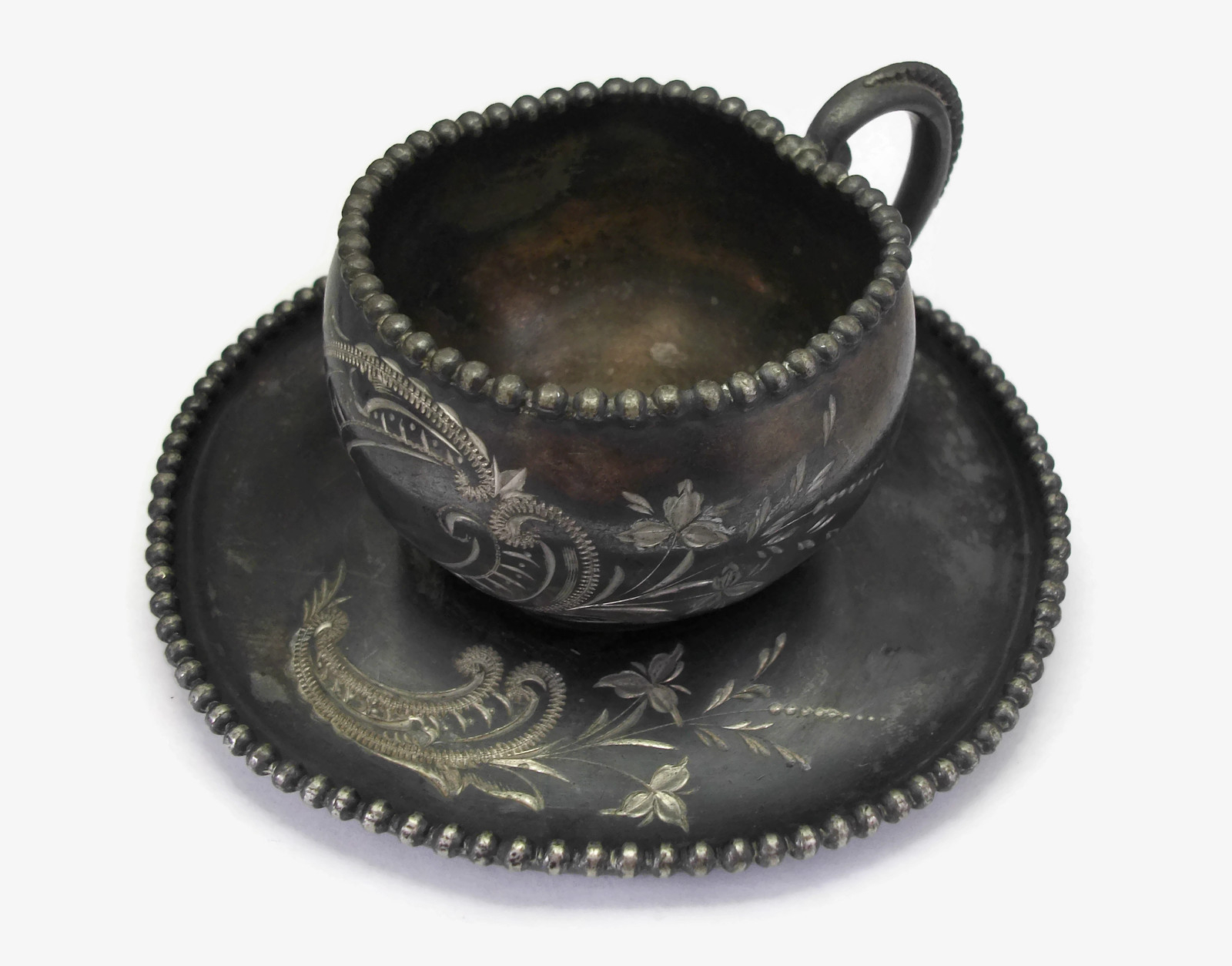 Antique James W Tufts Quadruple Silver Plate Tea Cup and Saucer