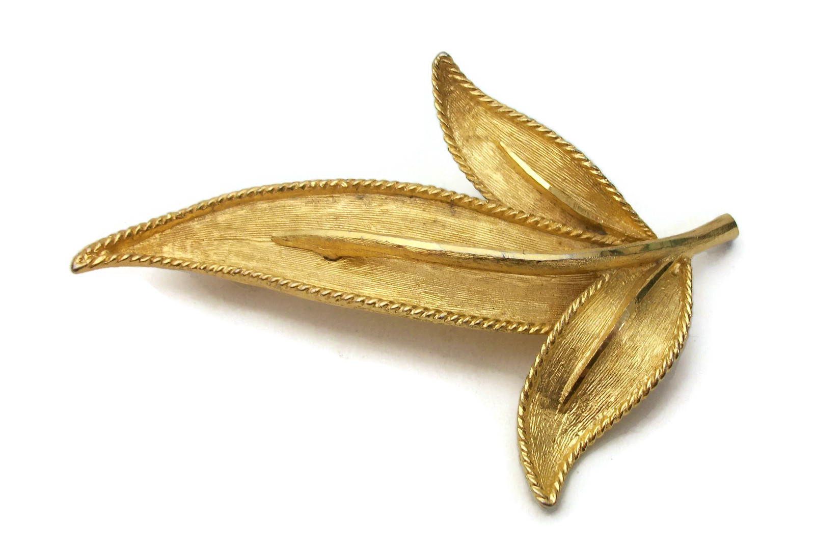 Vintage BSK Leaf Brooch Brushed Gold Big Large Long Pin Signed