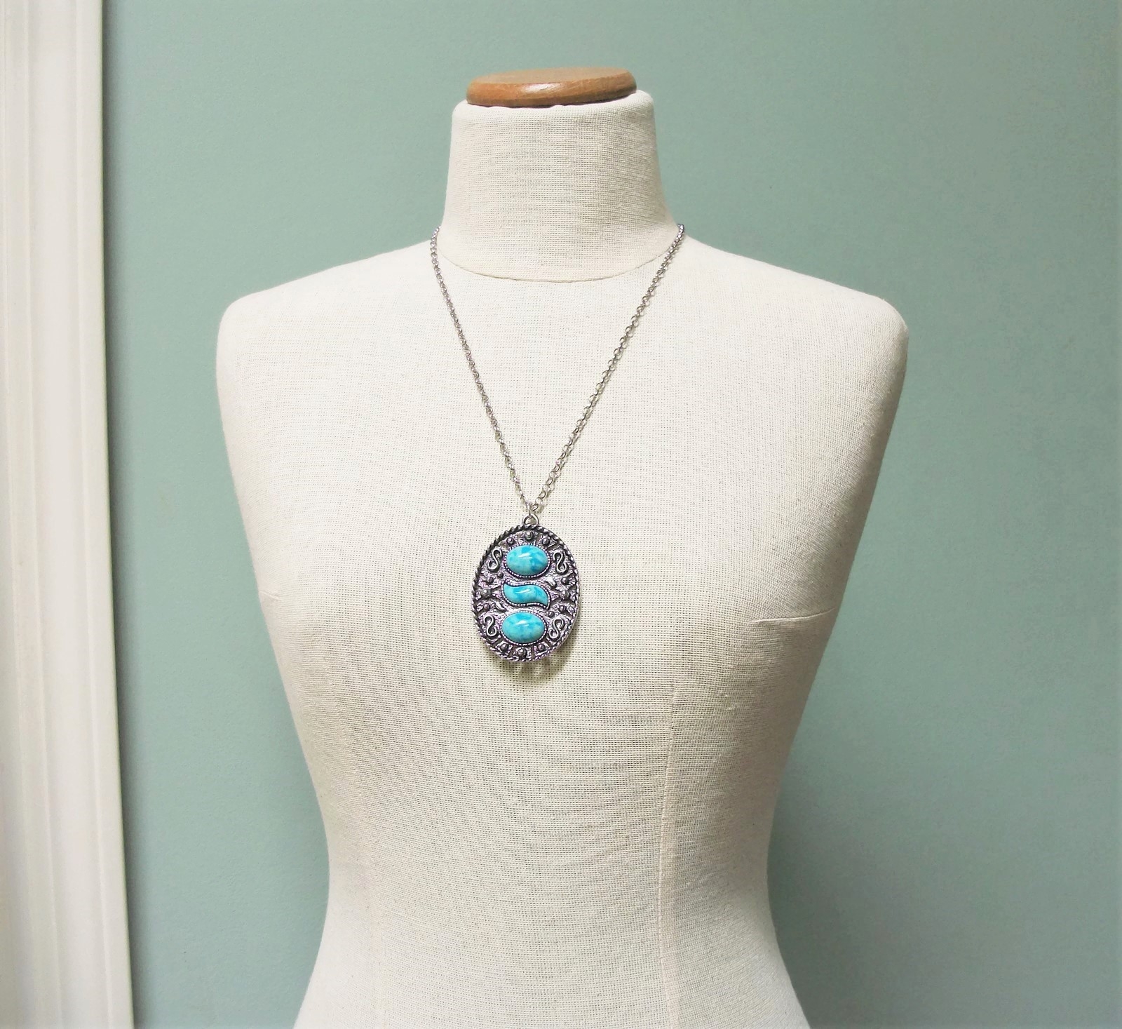 Vintage Large Sarah Coventry Silver Tone Faux Turquoise Cabochon