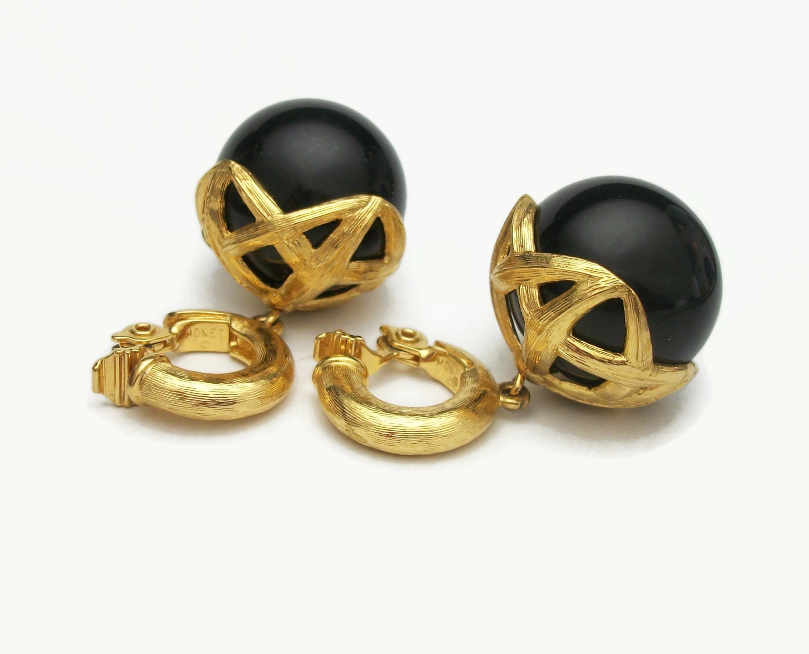Vintage Chunky Black and Gold Large Ball Drop Clip on Earrings