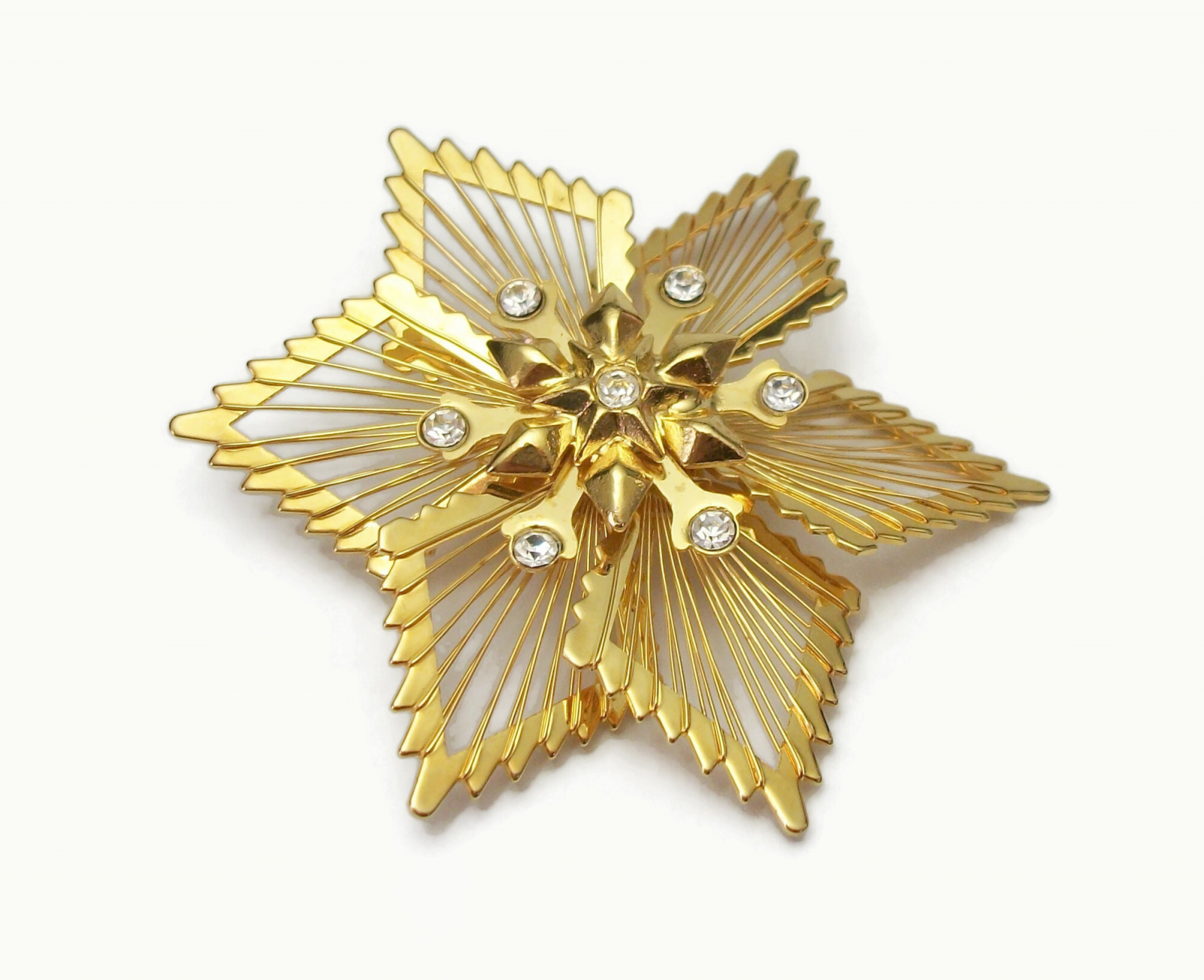Vintage Monet Gold Wire Poinsettia Brooch with Rhinestone Accents Gold Tone Wire Geometric Floral Flower Lapel Pin Signed Monet Jewelry Felt in My Heart Vintage