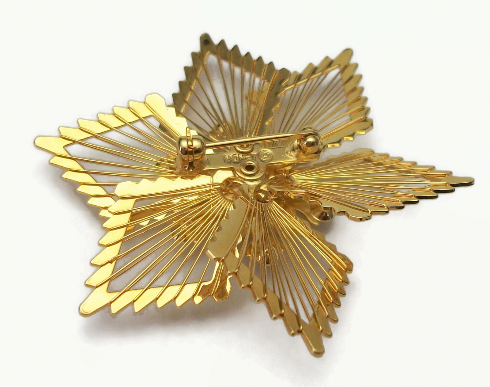 Vintage Monet Gold Wire Poinsettia Brooch with Rhinestone Accents Gold Tone Wire Geometric Floral Flower Lapel Pin Signed Monet Jewelry Felt in My Heart Vintage
