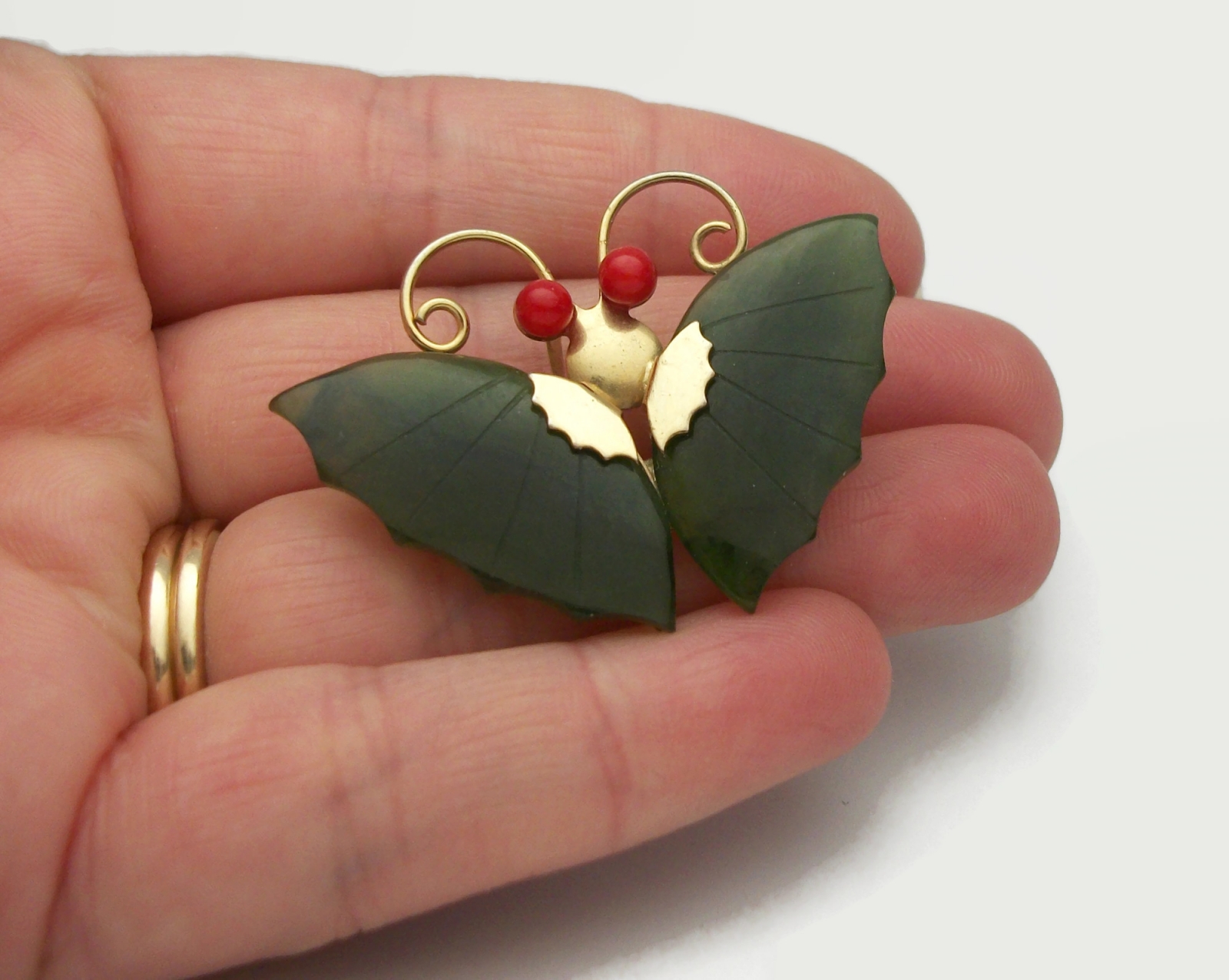 Vintage Carved Green Jade Colored Stone Butterfly Brooch Pendant