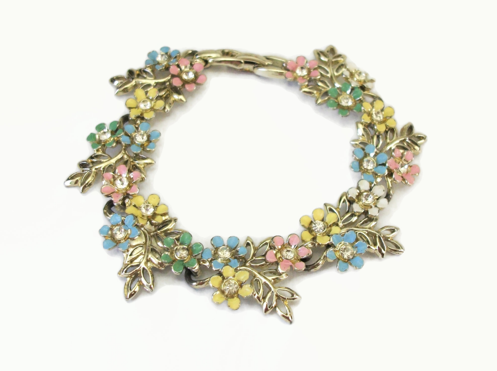 Vintage Pastel Enamel Flower Bracelet with Rhinestone