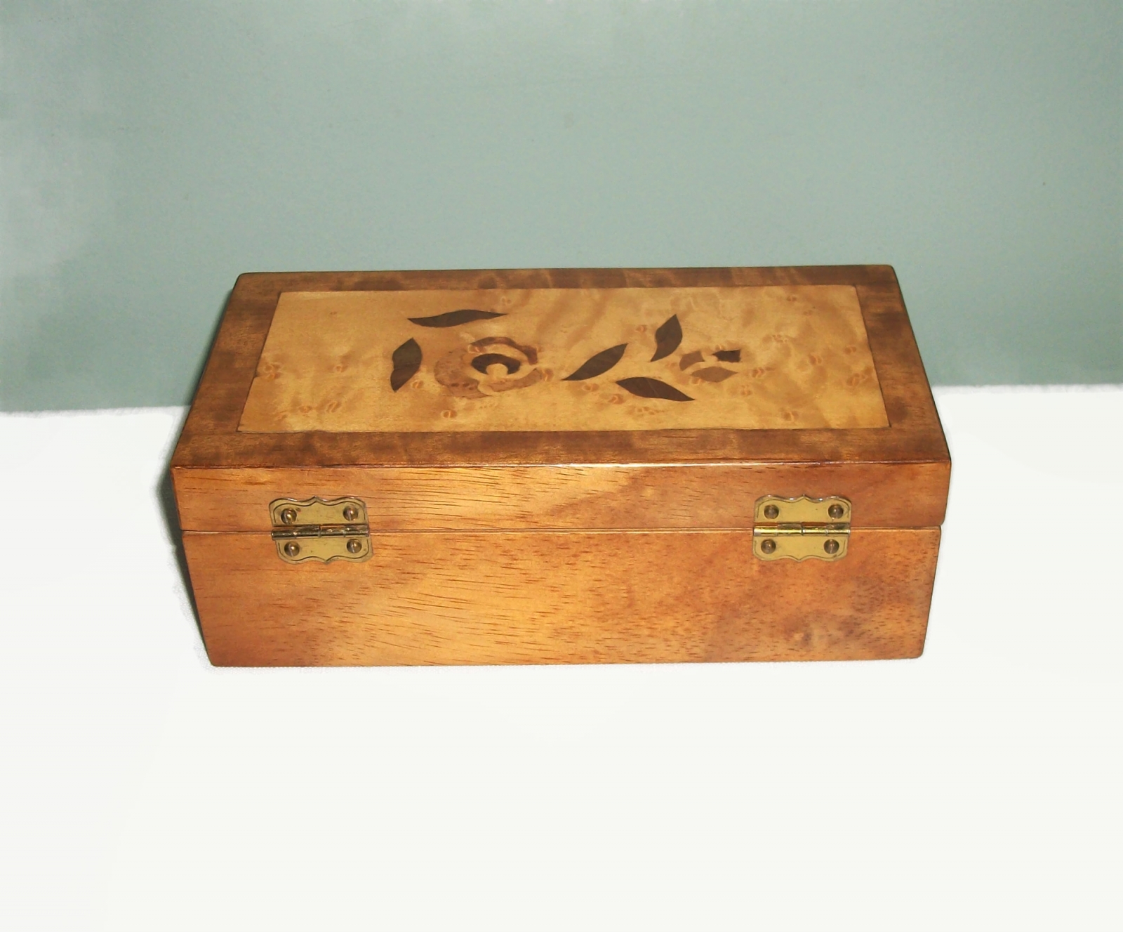 Vintage Wood Inlay Box with Rose Floral Motif Hinged Lid and Velvet