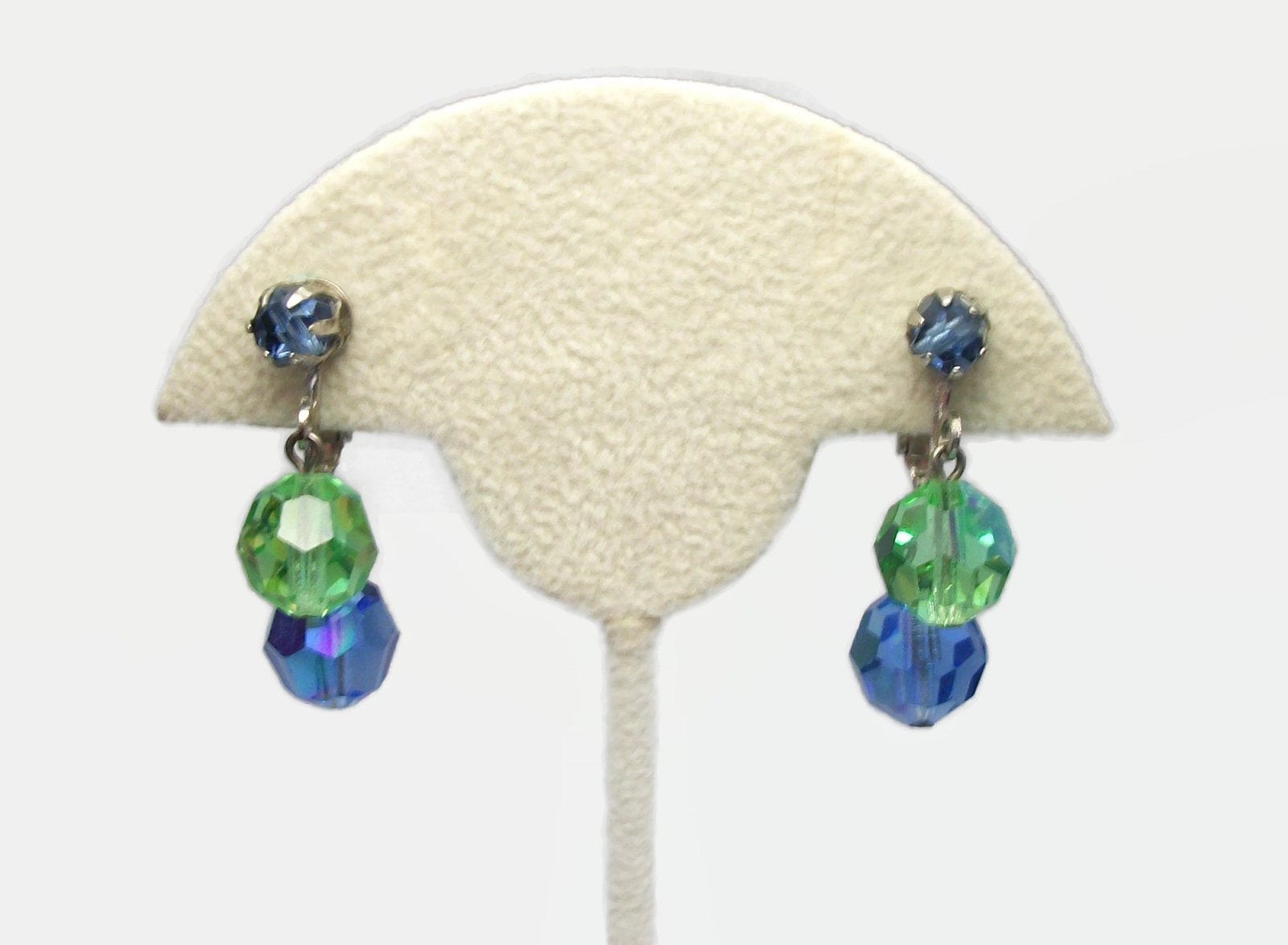 Vintage Blue and Green Crystal Dangle Clip on Earrings Formal Beaded