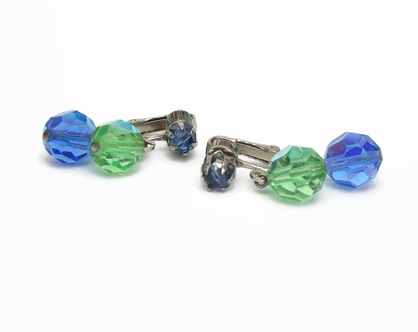 Vintage Blue and Green Crystal Dangle Clip on Earrings Formal Beaded