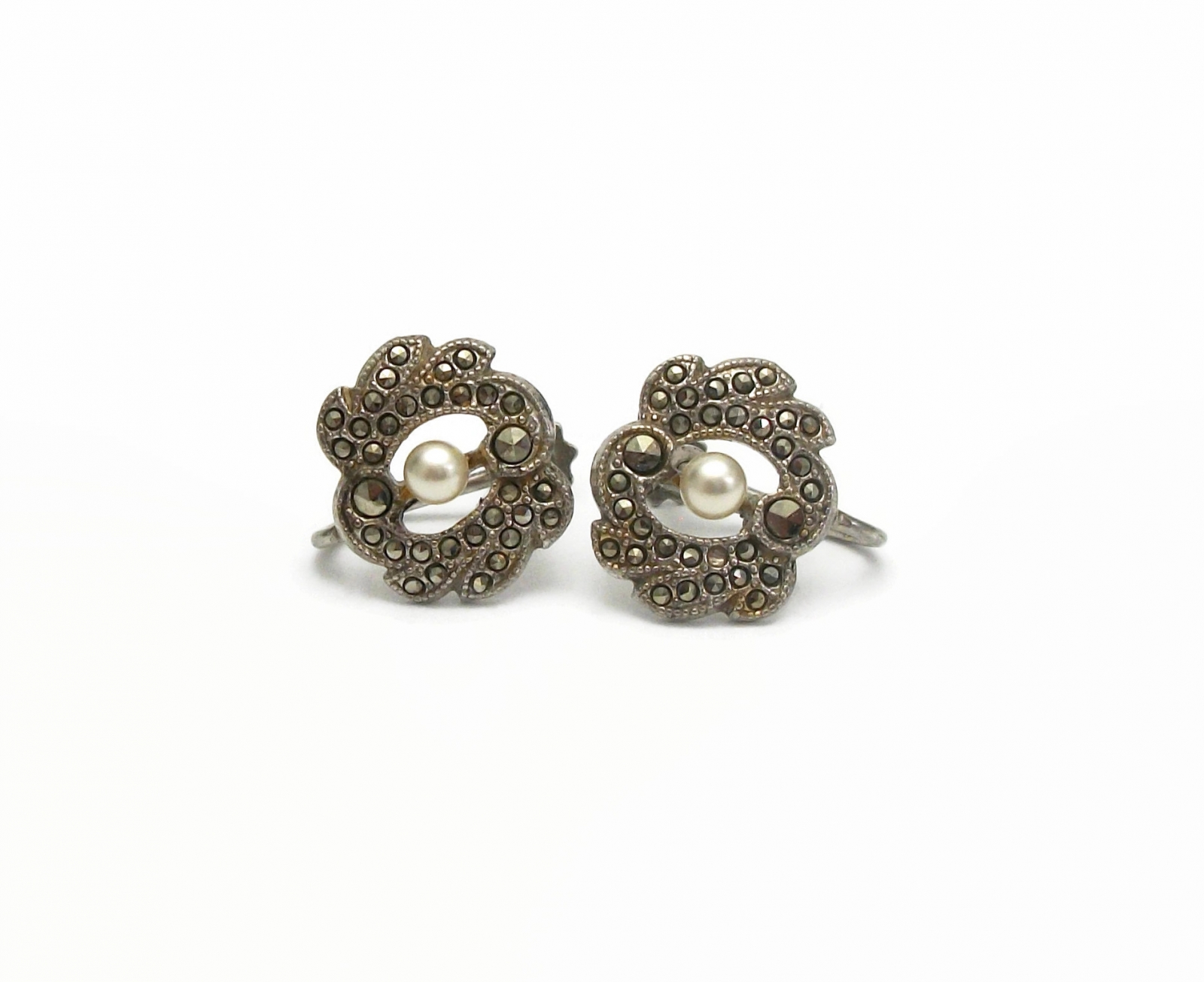 Vintage Silver Marcasite Screw Back Clip on Earrings with Pearl Accent