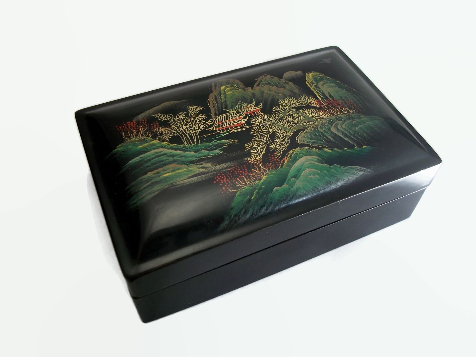 Vintage Black Lacquer Box with Asian Scene on Lid 3 1/2" x 5 3/8