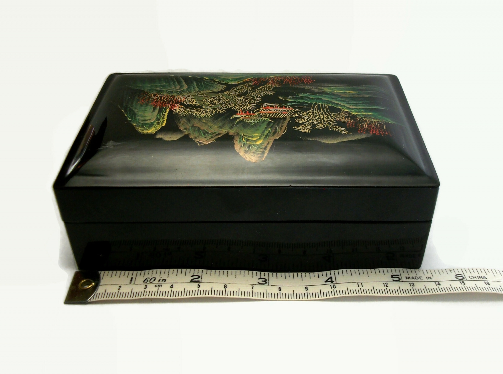 Vintage Black Lacquer Box with Asian Scene on Lid 3 1/2" x 5 3/8