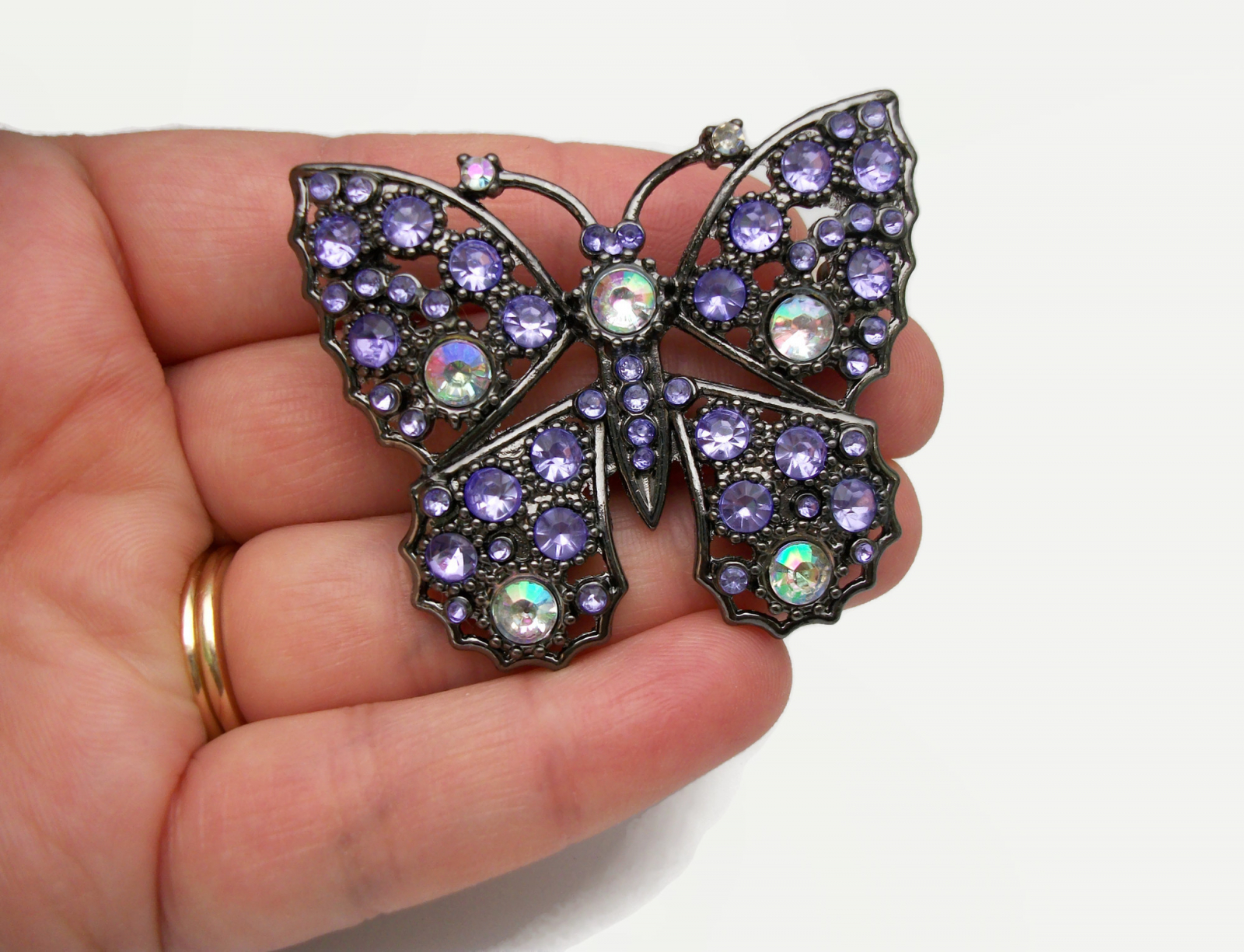 Vintage Purple Rhinestone Butterfly Brooch Pin Gunmetal with AB Aurora Borealis Accents Felt in My Heart Vintage