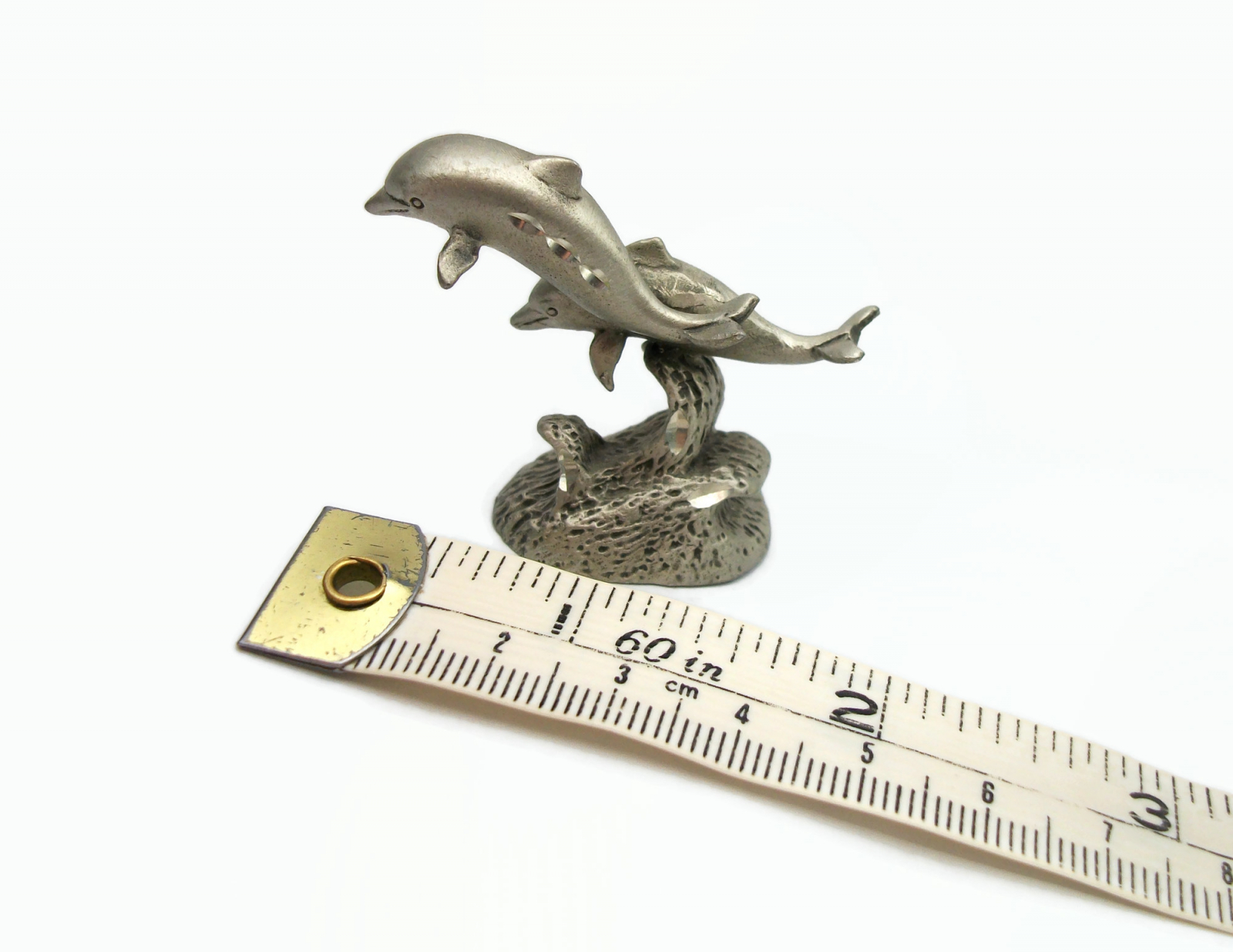 Vintage 1985 Cuter Pewter Diamond Cut Dolphins Figurine Collectible Metal Dolphin Miniature