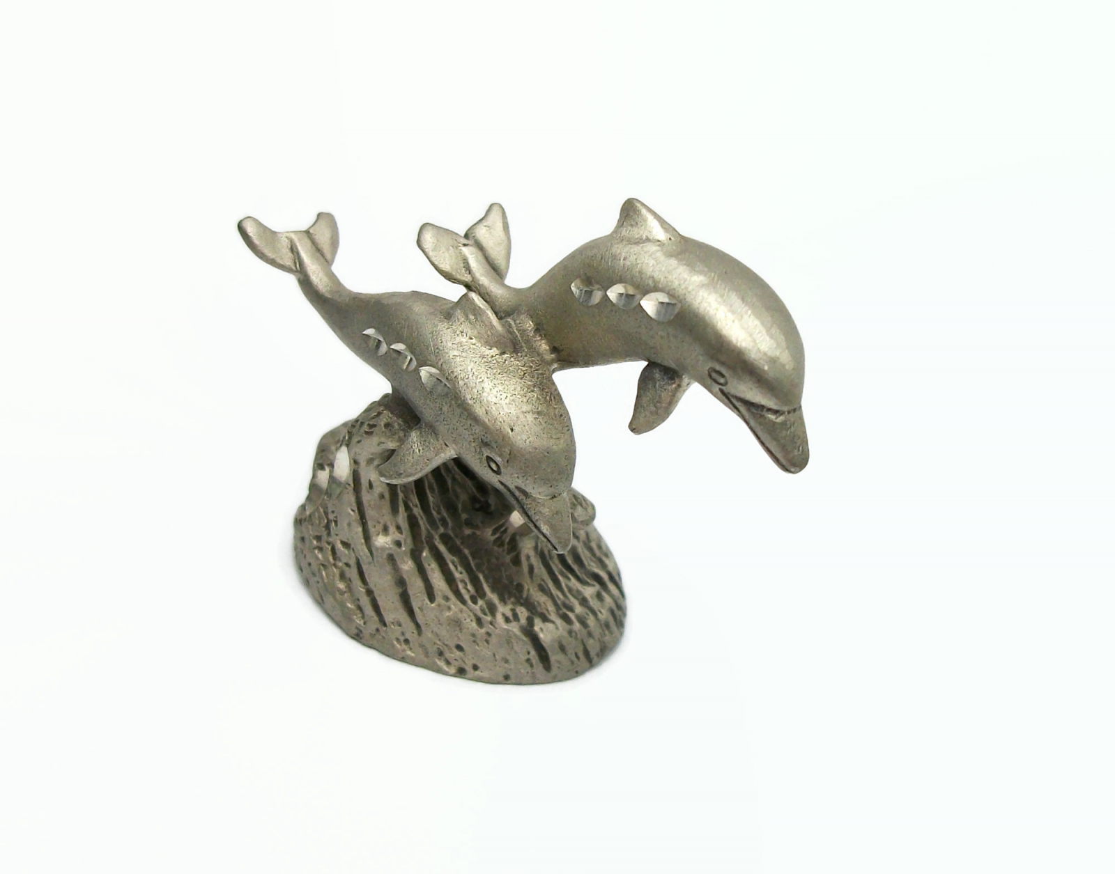 Vintage 1985 Cuter Pewter Diamond Cut Dolphins Figurine Collectible Metal Dolphin Miniature