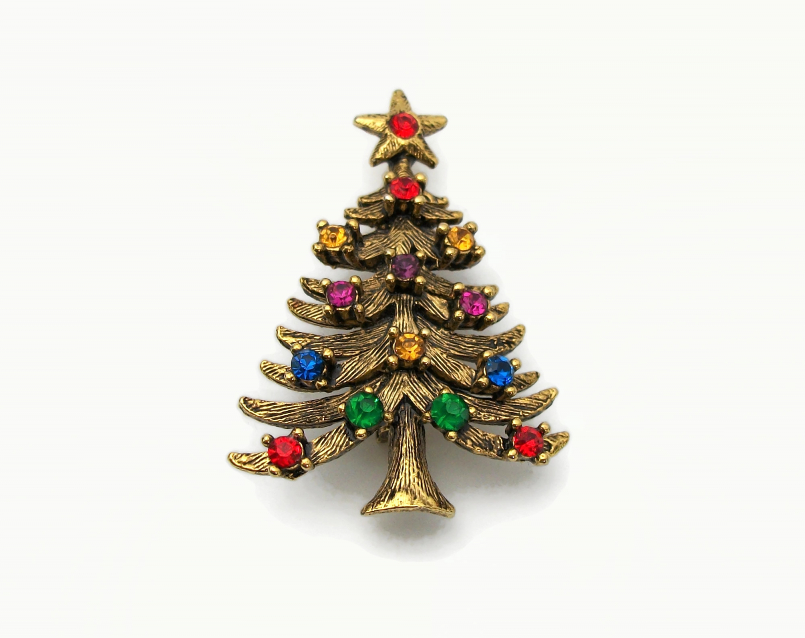 Vintage Signed Eisenberg ICE Christmas Tree Brooch Lapel Pin Gold with Multicolored Crystal Rhinestones Felt in My Heart Vintage