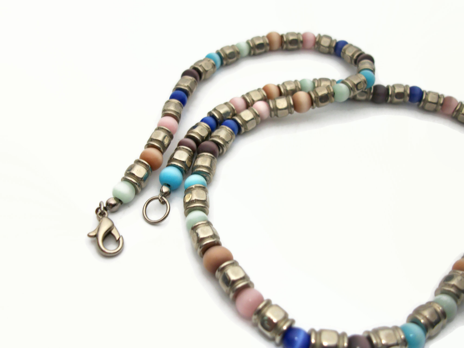 Vintage Cats Eye Beaded Necklace Silver and Multicolored Catseye Beads ...