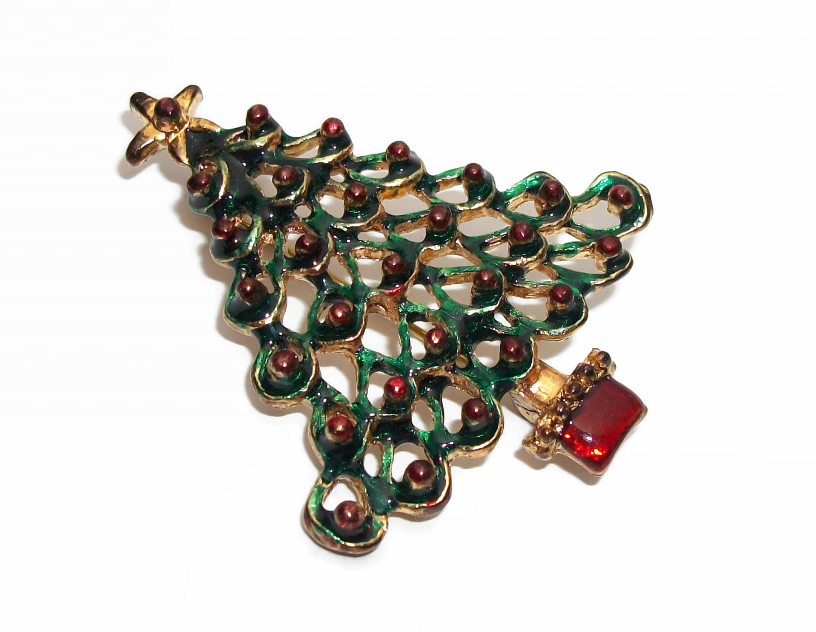 Vintage Green and Red Enamel Christmas Tree Brooch Pin Antiqued Gold ...