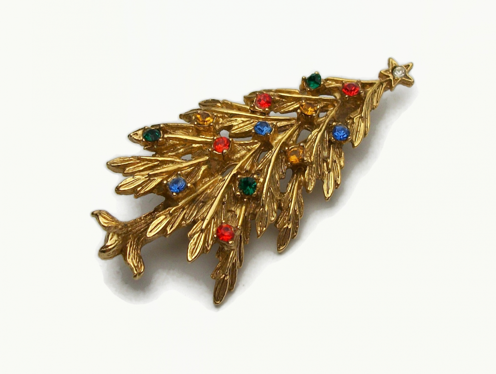 Vintage Signed ART Gold Rhinestone Christmas Tree Brooch Lapel Pin