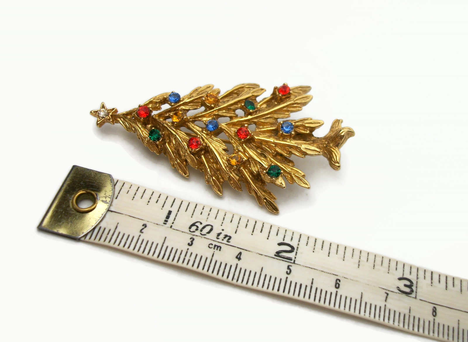 Vintage Signed ART Gold Rhinestone Christmas Tree Brooch Lapel Pin