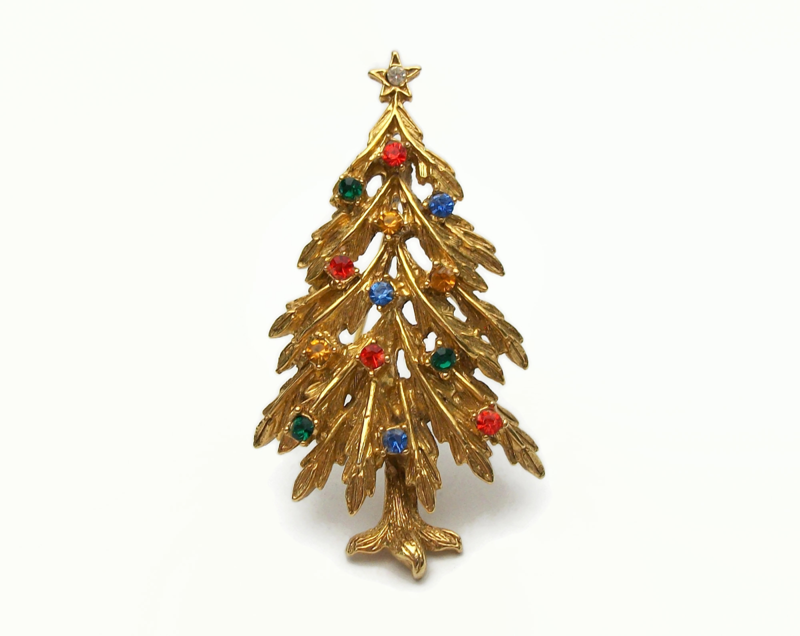 Vintage Signed ART Gold Rhinestone Christmas Tree Brooch Lapel Pin