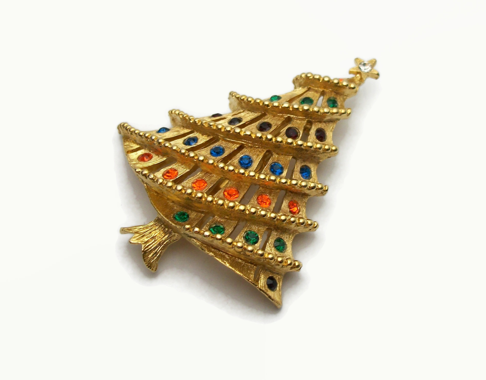 Vintage Brushed Gold Christmas Tree Brooch Pin with Colorful