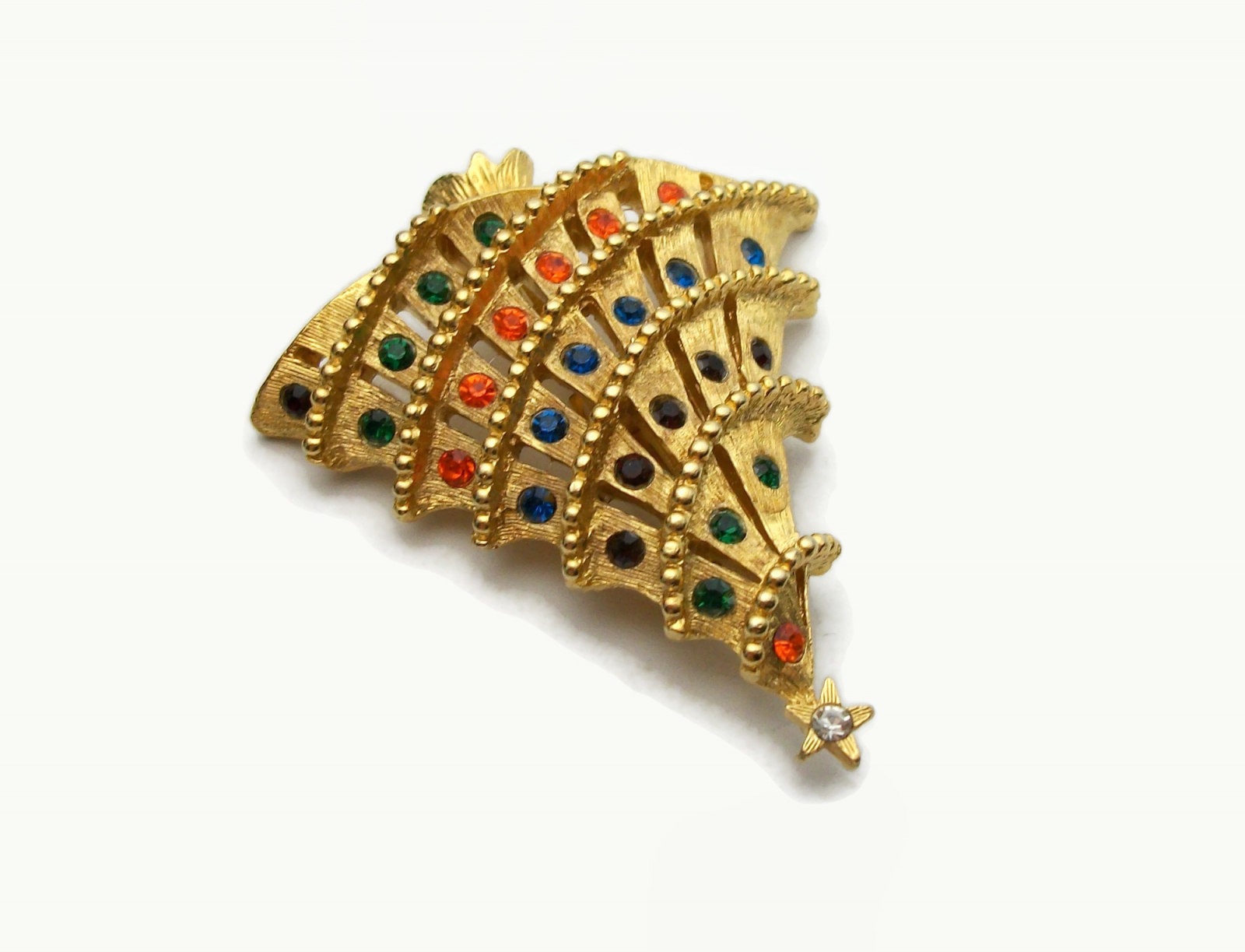 Vintage Brushed Gold Christmas Tree Brooch Pin with Colorful