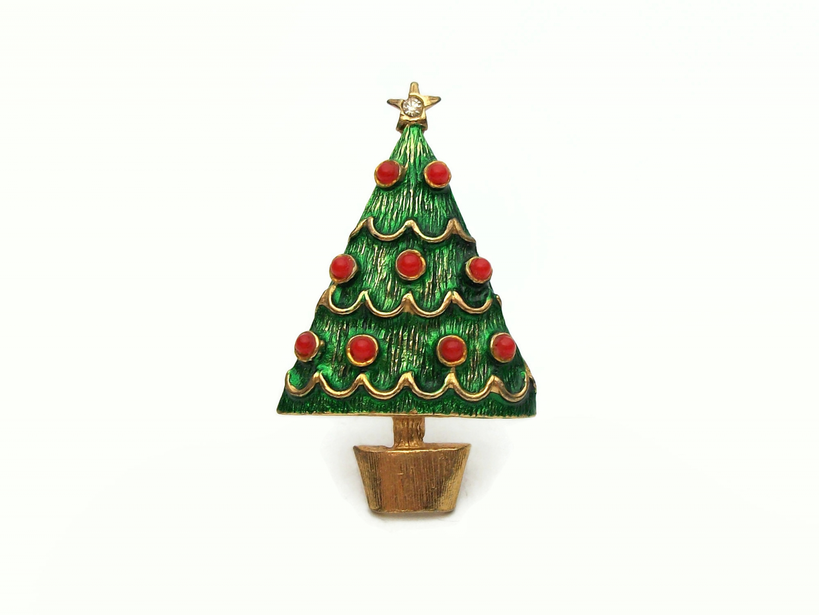 Small Vintage Gold and Enamel Christmas Tree Pin Brooch Lapel Pin Green