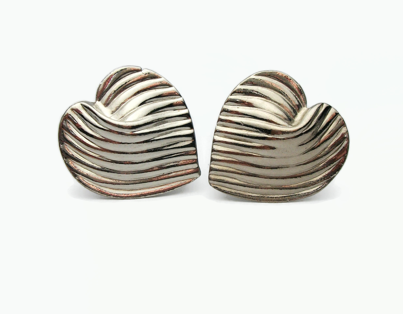 Vintage Big Silver Heart Shaped Clip on Earrings Large Textured